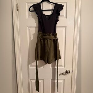 SHEIN Black Top & High Waist Olive green shorts Romper